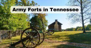 Two cannons and an old log cabin at Chickamauga and Chattanooga National Military Park - Army Forts of Tennessee