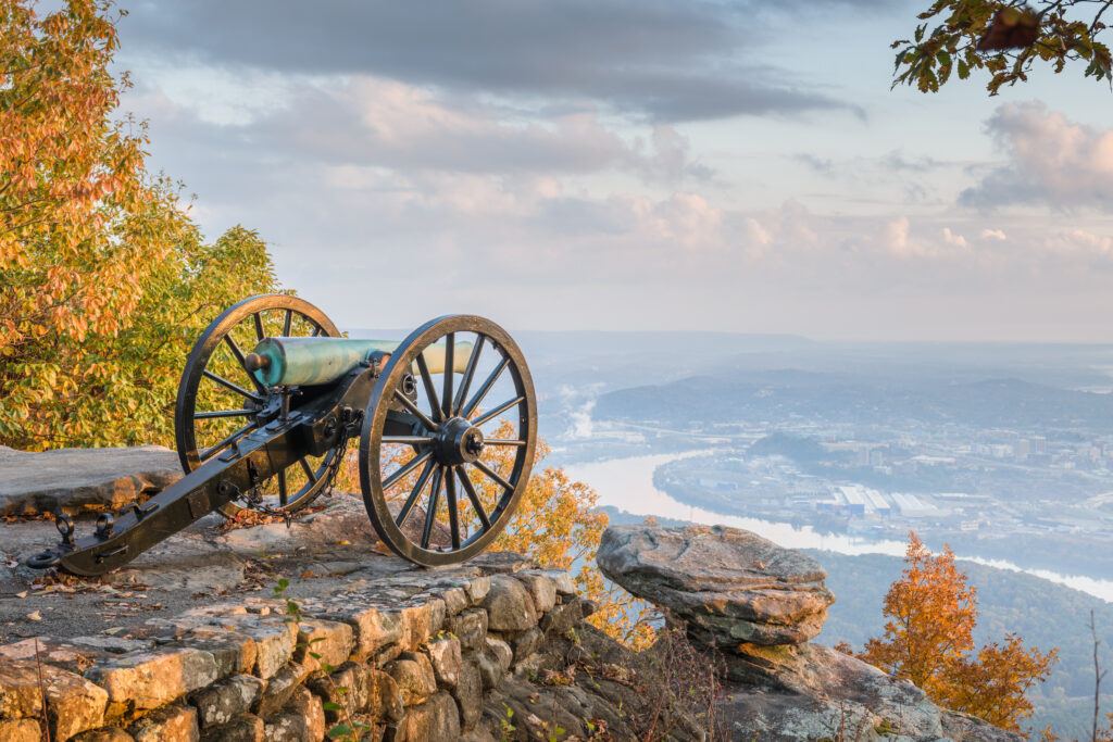 A Civil War cannon on Lookout Mountain overlooking Chattanooga Tennessee.