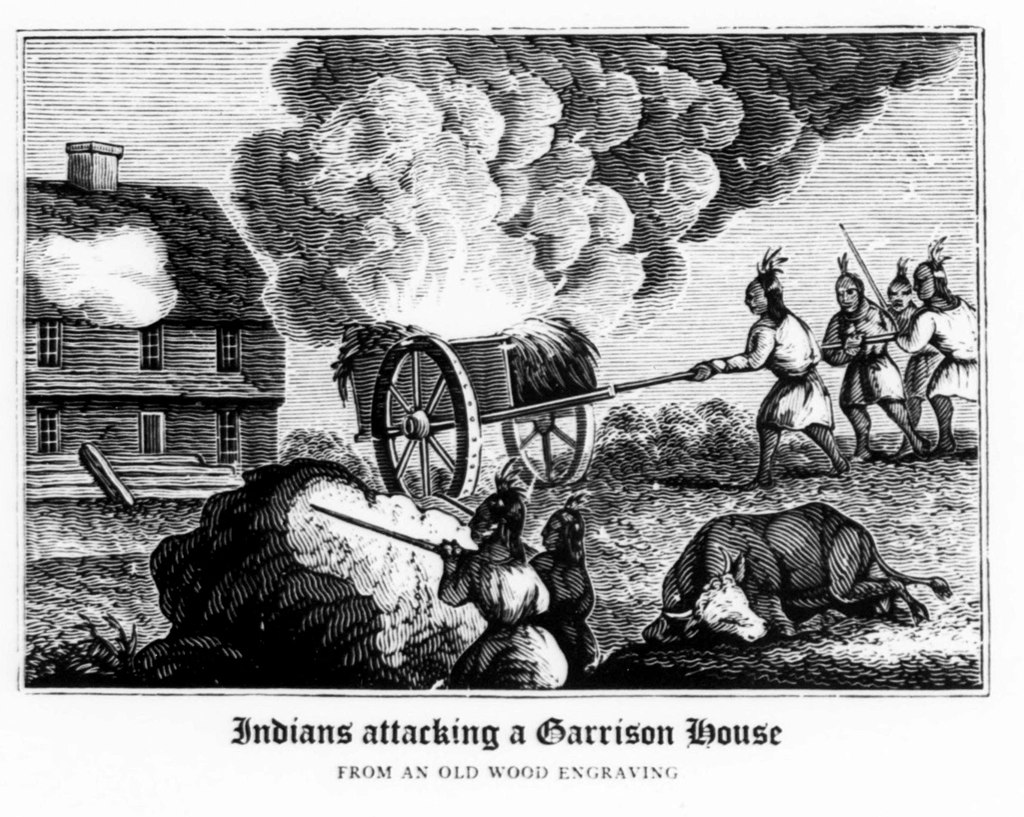 Engraving of Indians attacking a garrison house during King Phillips War