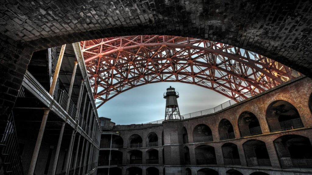 View from inside Fort Point looking under the Golden Gate Bridge