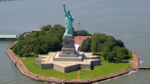 Aerial view of the Statue of Liberty that stands on top of old Fort Wood