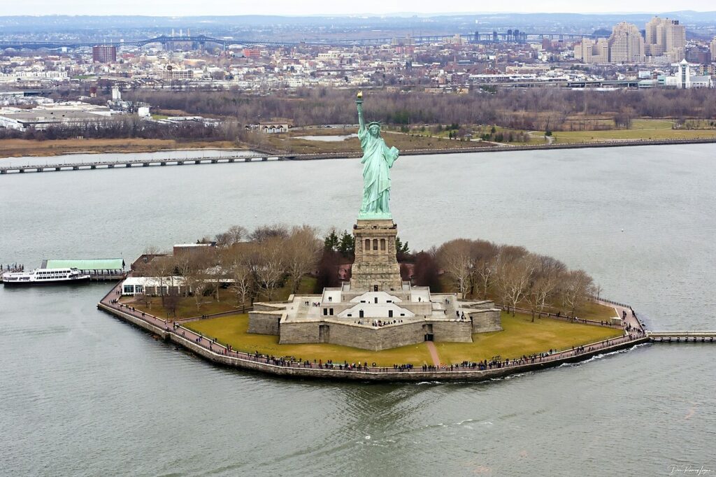 Aerial view of the Statue of Liberty on Liberty Island