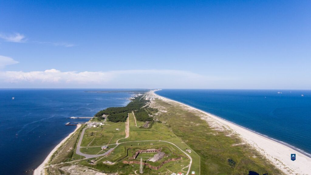 Aerial view of Fort Morgan and white sandy beach