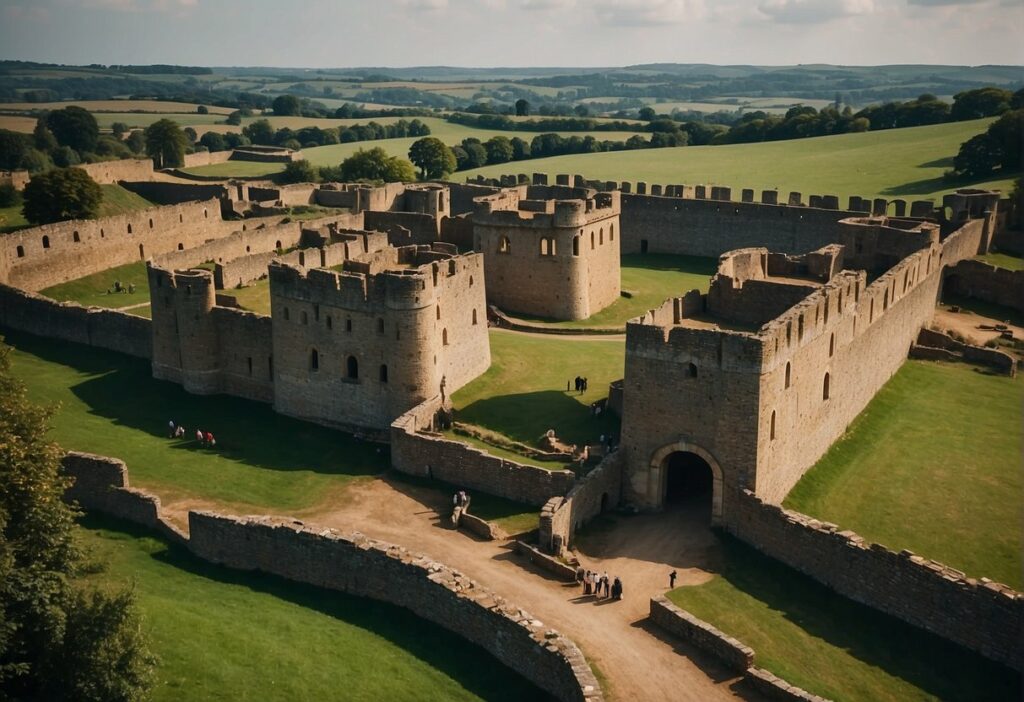 Roman forts in England show civilian life and structures. Buildings, roads, and marketplaces bustle with activity. The walls and gates stand tall, guarding the bustling community within