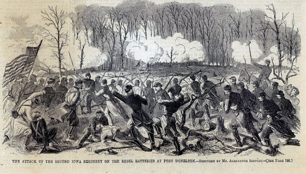 Drawing of the Attack of the Second Iowa Regiment on the Rebel Batteries at Fort Donelson