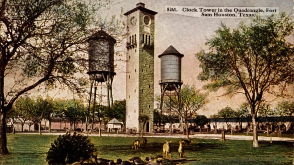 Postcard of clock tower at Fort Sam Houston