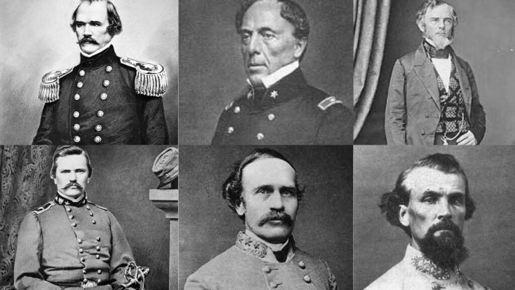 Confederate Commanders Battle of Fort Donelson. Top left to right: General Albert Sydney Johnston, Brig. Gen. John B. Floyd, Brig. Gen. Gideon J. Pillow. Bottom Left to right: Brig. Gen. Simon Bolivar Buckner,  Brig. Gen. Bushrod Johnson, Lt. Col. Nathan Bedford Forrest.