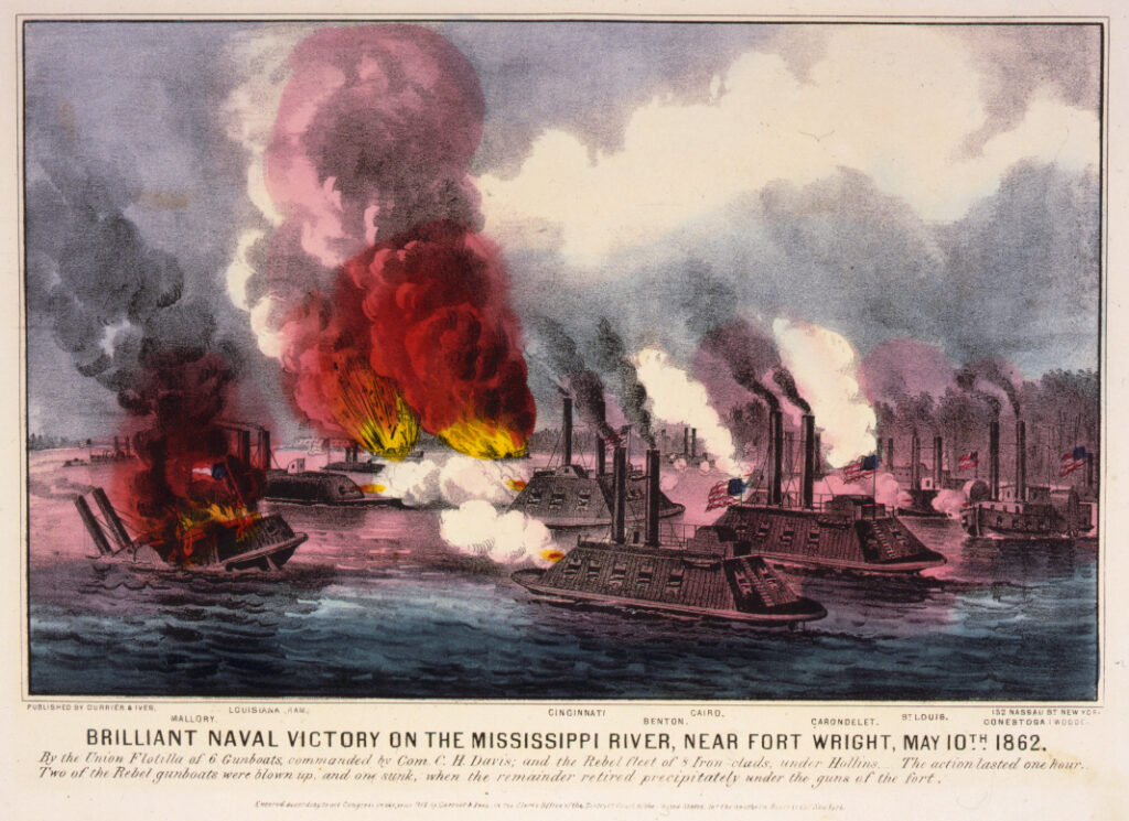 Lithograph of Naval battle on the Mississippi River near Fort Wright in Tennessee
