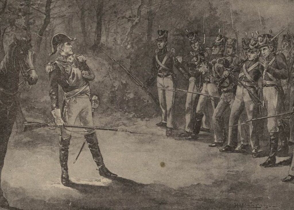 Drawing of General Jackson quelling a mutiny outside fort Strother