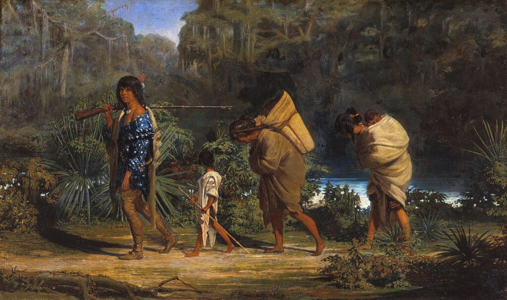 Painting of Louisiana Indians walking along a Bayou.