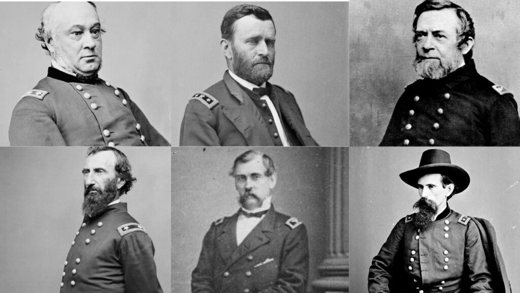 Union Commanders Battle of Fort Donelson. Top left to right: Maj. Gen. Henry W. Halleck, Brig. Gen. Ulysses S. Grant, Flag Officer Andrew H. Foote. Bottom left to right: Brig. Gen. John A. McClernand, Brig. Gen. Charles F. Smith, Brig. Gen. Lew Wallace.