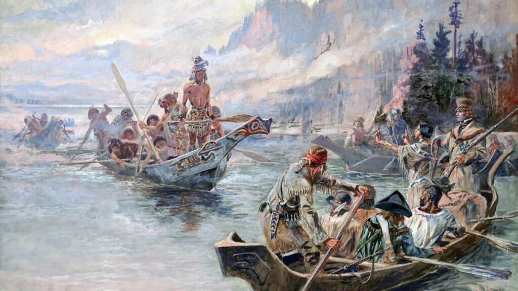 Painting of the Chinook in a canoe during the Lewis and Clark Expedition