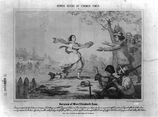 "Heroism of Miss Elizabeth Zane" depicts Elizabeth Zane's legendary feat of retrieving powder during the siege of Fort Henry during the American Revolutionary War