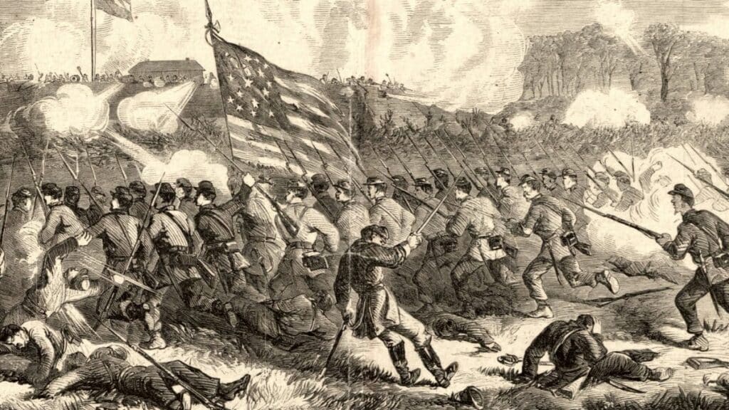 Drawing of A bayonet charge of Union troops at Battle of Seccessionville