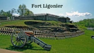 Fort Ligonier with cannon in foreground.