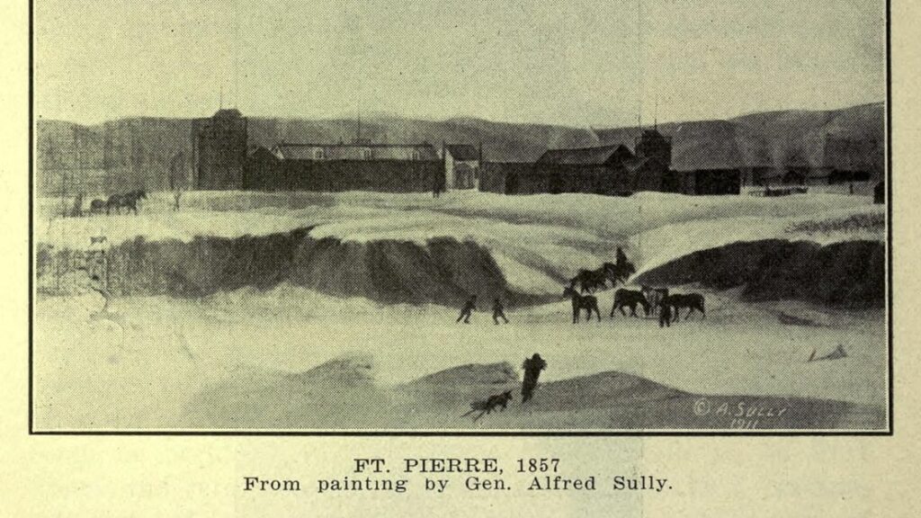 Fort Pierre, South Dakota, 1857. Engraving of the trading post from a painting by General Alfred Sully. View from across the Missouri.