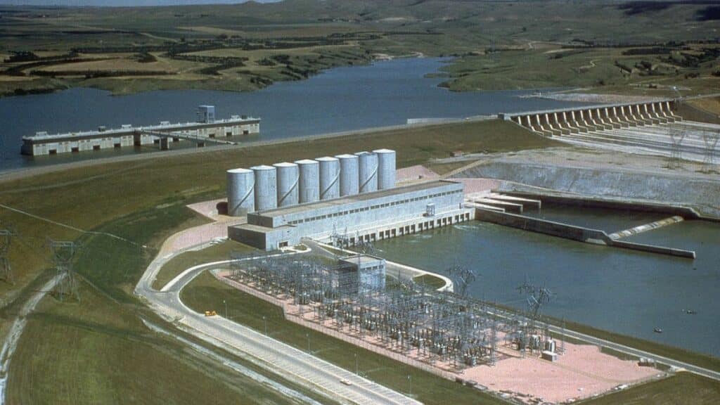 Aerial view of Fort Randall Dam and reservoir in South Dakota