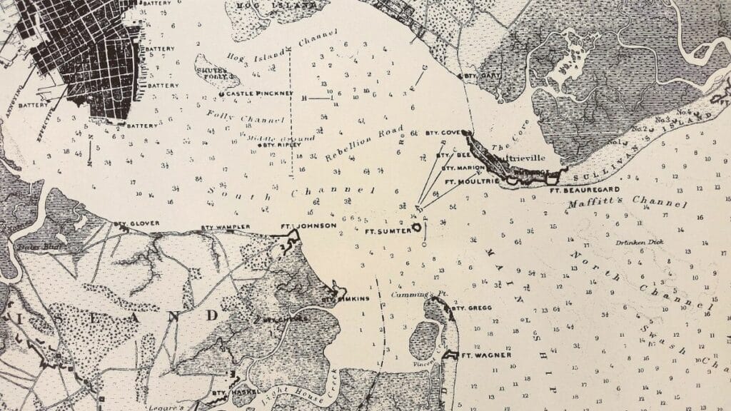 Fort Sumter National Monument marker of the Map of Charleston Harbor defenses